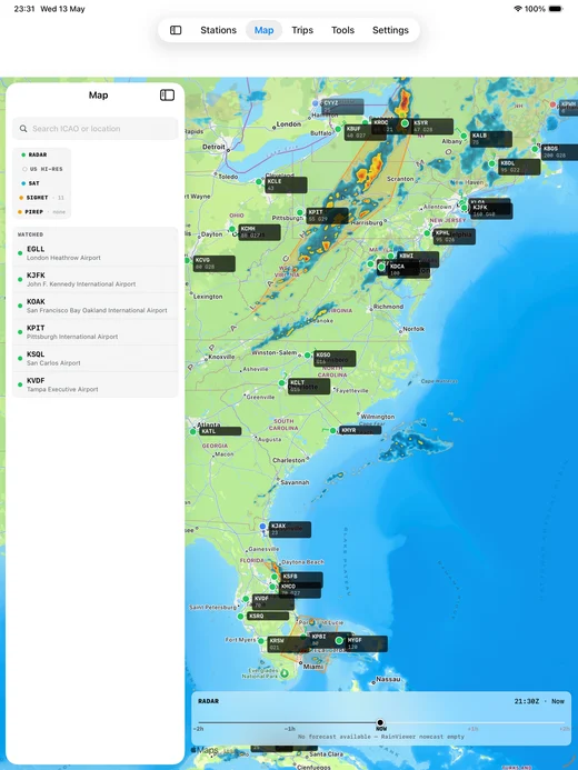 SkyFeed Map on iPad — left sidebar lists watched stations; main pane shows a US East-coast map with radar overlay and dozens of station markers.