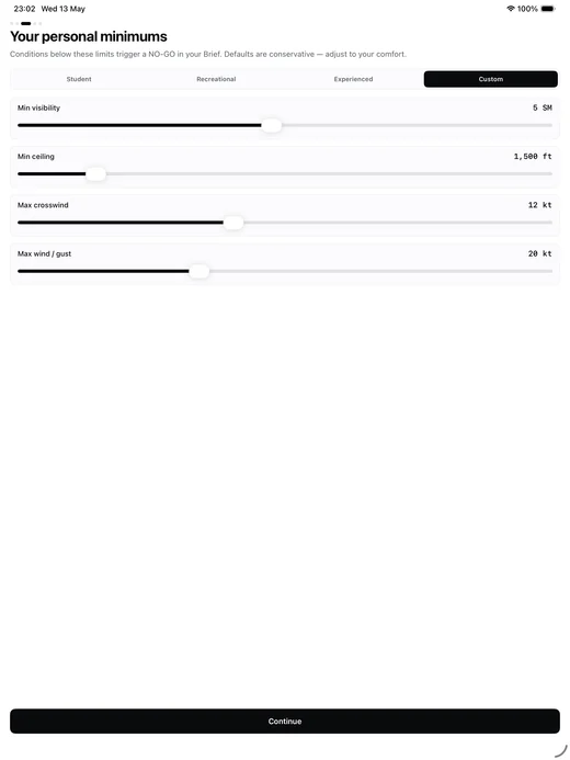 SkyFeed onboarding "Your personal minimums" on iPad — the same preset chips and sliders in a wider layout.