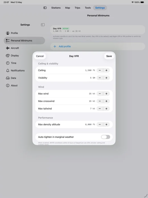 SkyFeed Settings on iPad with the Personal Minimums profile editor open as a modal.