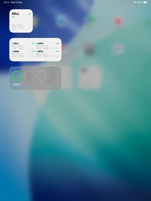iPad Home Screen with SkyFeed widgets — small widget showing EGLL VFR, plus a medium widget showing four watched stations.