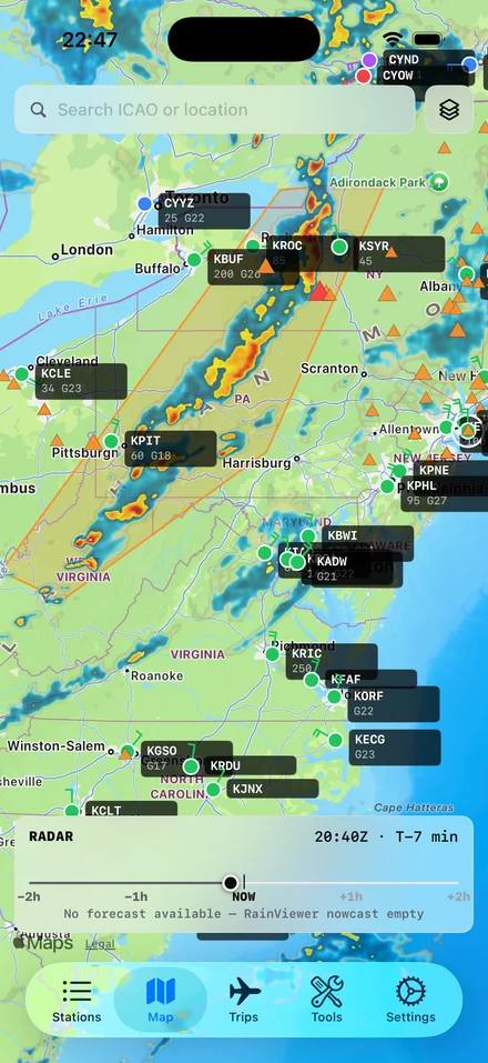 SkyFeed Map view on iPhone covering the US Northeast — NEXRAD radar layer showing a band of orange and red cells, with watched-station markers in their FAA category colors overlaid.