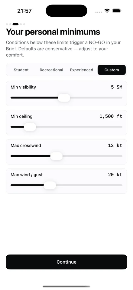 SkyFeed onboarding panel "Your personal minimums" on iPhone — preset chips and sliders for minimum visibility, minimum ceiling, maximum crosswind, and maximum wind/gust.