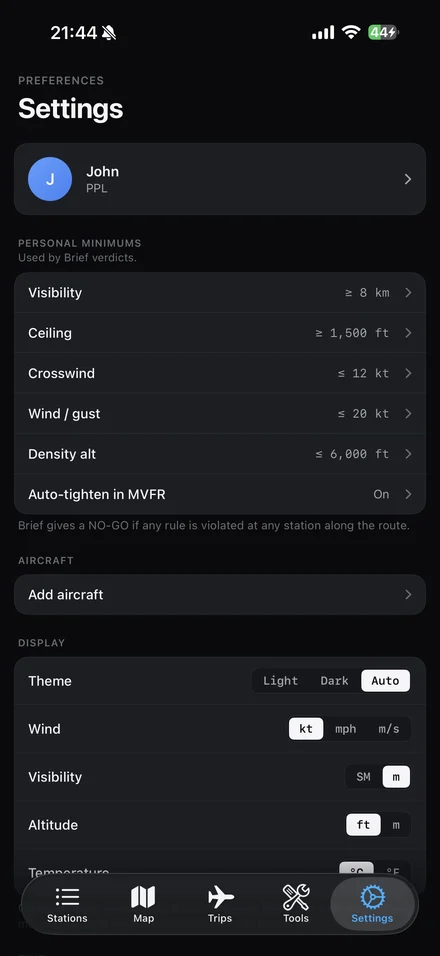 SkyFeed Settings on iPhone — pilot profile, Personal Minimums with rows for visibility, ceiling, crosswind, wind/gust, density altitude, then Aircraft and Display sections.