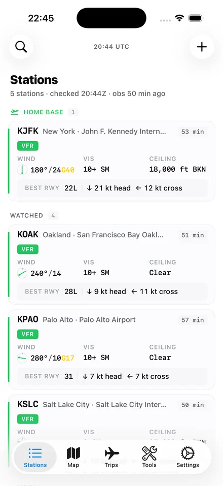 SkyFeed Stations Home screen — five watched airports including KJFK, KOAK, KPAO, and KSLC, each with FAA category pills, wind, visibility, ceiling, and best-runway recommendations.