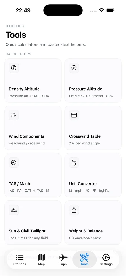 SkyFeed Tools tab on iPhone showing eight calculator tiles in a two-column grid.