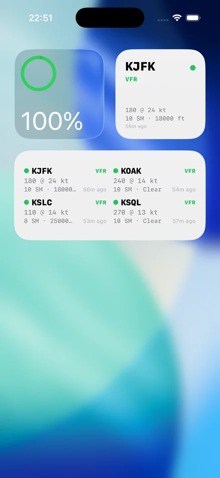 iOS Springboard with SkyFeed widgets — a small widget showing KJFK with VFR category and wind/visibility/ceiling, and a medium widget showing four watched stations side-by-side.